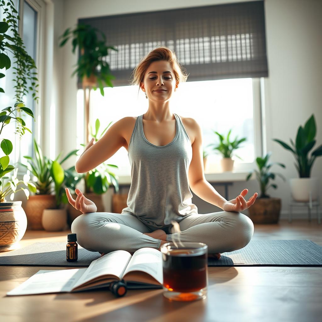 A serene and empowering scene of a woman engaging in self-care activities to nurture her mental health