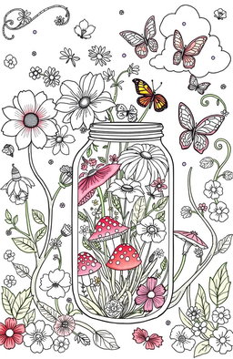 A whimsical stress relief coloring book page featuring a variety of detailed flowers in full bloom, elegant butterflies fluttering around, vibrant mushrooms with intricate patterns, and a garden beautifully contained within a glass jar