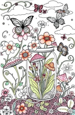 A whimsical stress relief coloring book page featuring a variety of detailed flowers in full bloom, elegant butterflies fluttering around, vibrant mushrooms with intricate patterns, and a garden beautifully contained within a glass jar