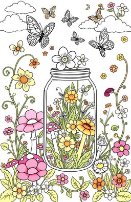 A whimsical stress relief coloring book page featuring a variety of detailed flowers in full bloom, elegant butterflies fluttering around, vibrant mushrooms with intricate patterns, and a garden beautifully contained within a glass jar