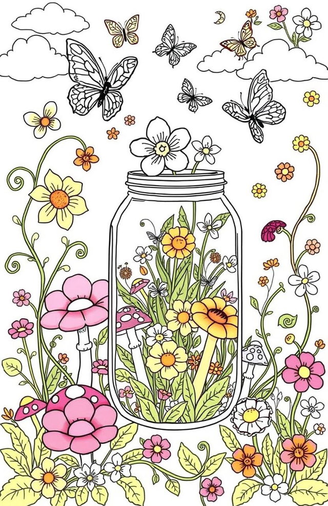A whimsical stress relief coloring book page featuring a variety of detailed flowers in full bloom, elegant butterflies fluttering around, vibrant mushrooms with intricate patterns, and a garden beautifully contained within a glass jar