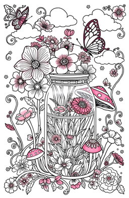 A whimsical stress relief coloring book page featuring a variety of detailed flowers in full bloom, elegant butterflies fluttering around, vibrant mushrooms with intricate patterns, and a garden beautifully contained within a glass jar