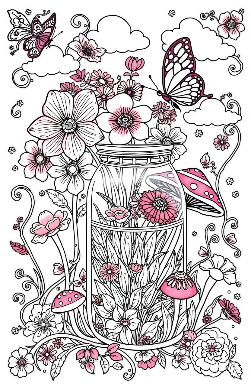 A whimsical stress relief coloring book page featuring a variety of detailed flowers in full bloom, elegant butterflies fluttering around, vibrant mushrooms with intricate patterns, and a garden beautifully contained within a glass jar