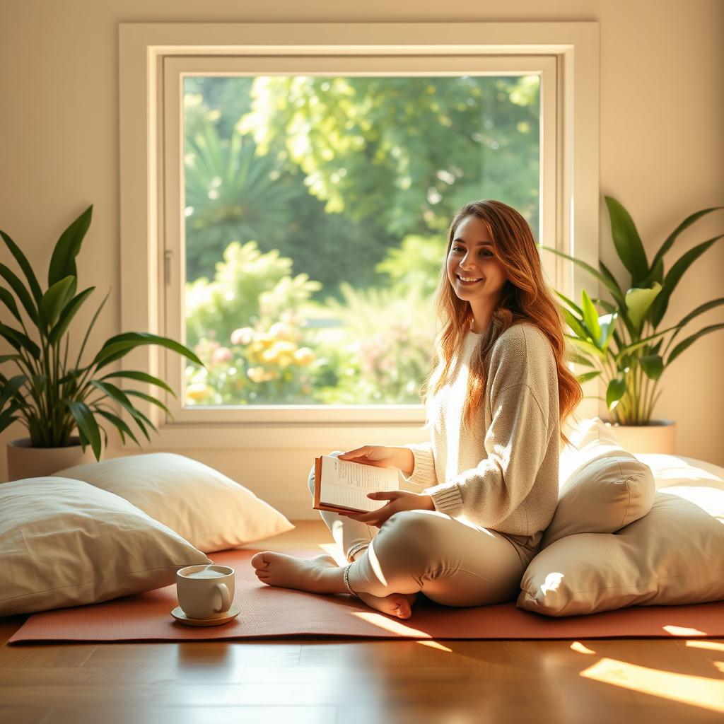 A serene scene depicting a woman practicing self-care for her mental health, sitting cross-legged on a yoga mat in a sunlit room filled with greenery