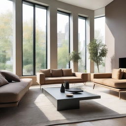 A modern living room with sleek furniture, minimalist decor, large windows letting in natural light, and aesthetically pleasing color scheme.