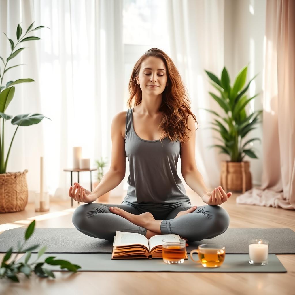 A serene scene of a woman sitting cross-legged on a yoga mat in a tranquil room filled with soft sunlight