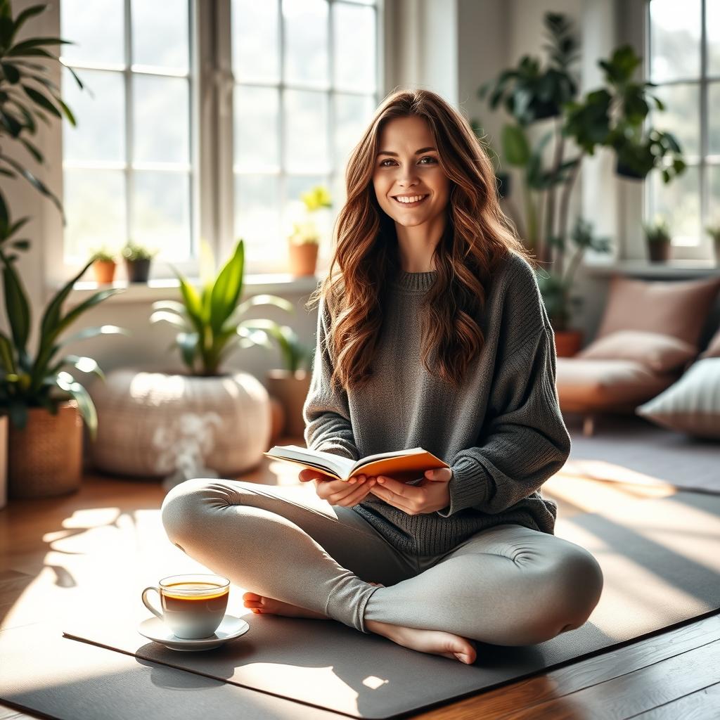 A serene and peaceful scene of a woman engaging in self-care for her mental health