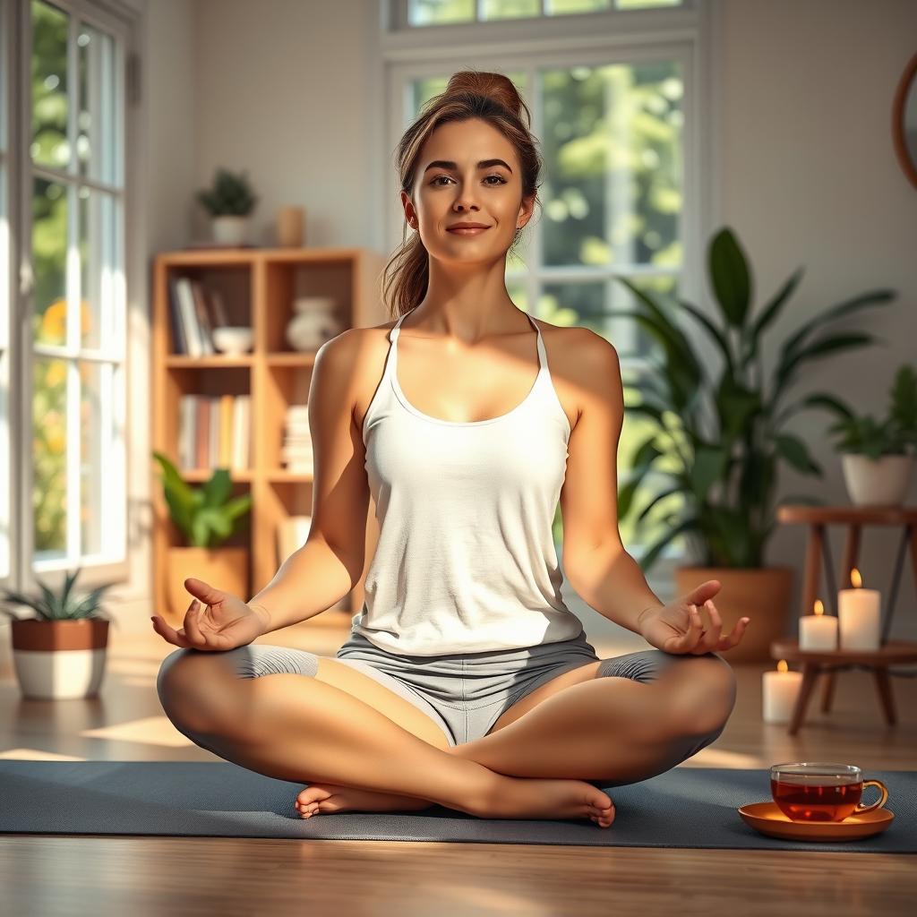 A serene and peaceful scene depicting a woman sitting cross-legged on a yoga mat in a sunlit room, surrounded by plants and candles, practicing mindfulness and meditation