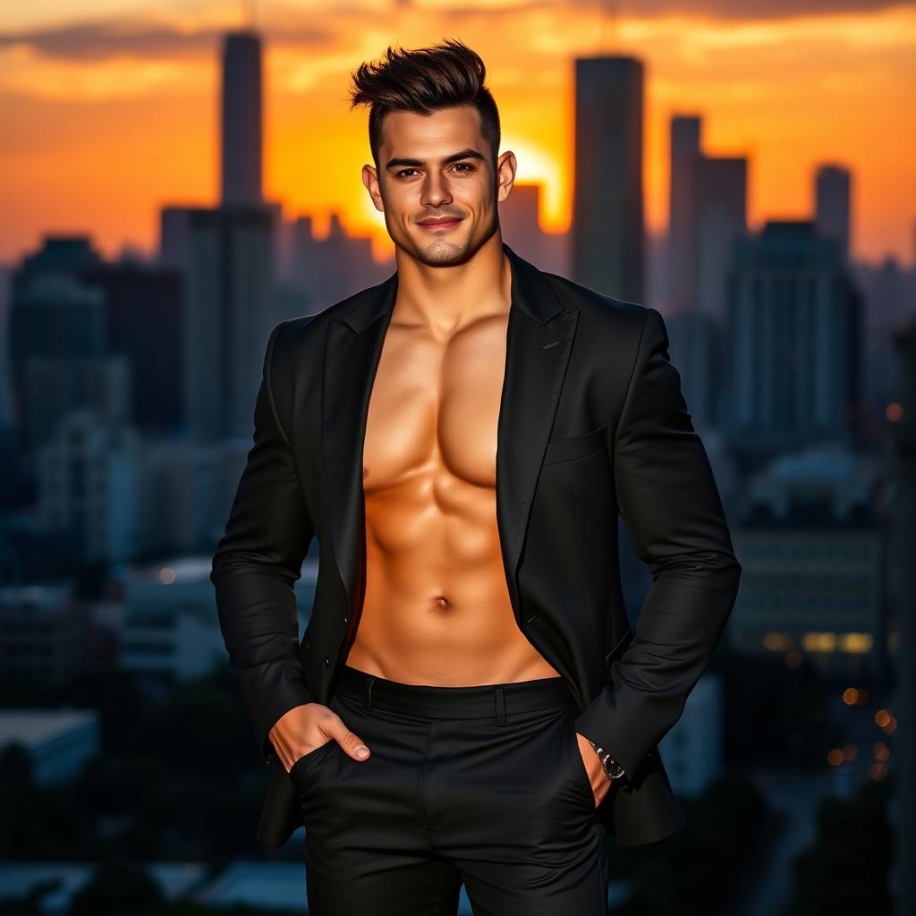 A full-body portrait of a muscular man in a sleek black suit standing confidently against an urban backdrop, with the sun setting behind a city skyline