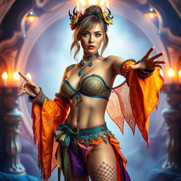 A full-body image of a sensual cosplay model, wearing a vibrant and artistic costume that combines elements of fantasy and sci-fi