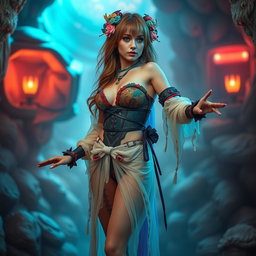 A full-body image of a sensual cosplay model, wearing a vibrant and artistic costume that combines elements of fantasy and sci-fi