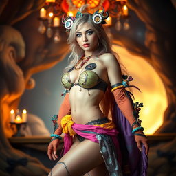 A full-body image of a sensual cosplay model, wearing a vibrant and artistic costume that combines elements of fantasy and sci-fi