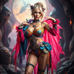 A full-body image of a sensual cosplay model, wearing a vibrant and artistic costume that combines elements of fantasy and sci-fi