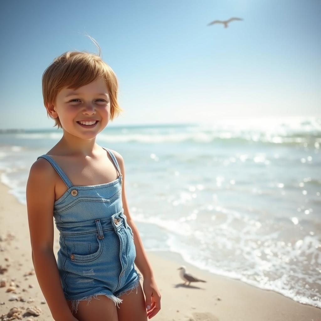 A young girl with short hair wearing denim shorts, standing on the beach with the ocean waves gently crashing in the background