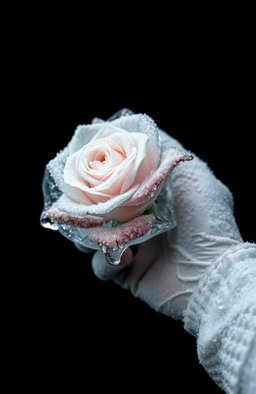 A stunning black wallpaper featuring a large frozen rose in the center, encased in a glistening layer of ice