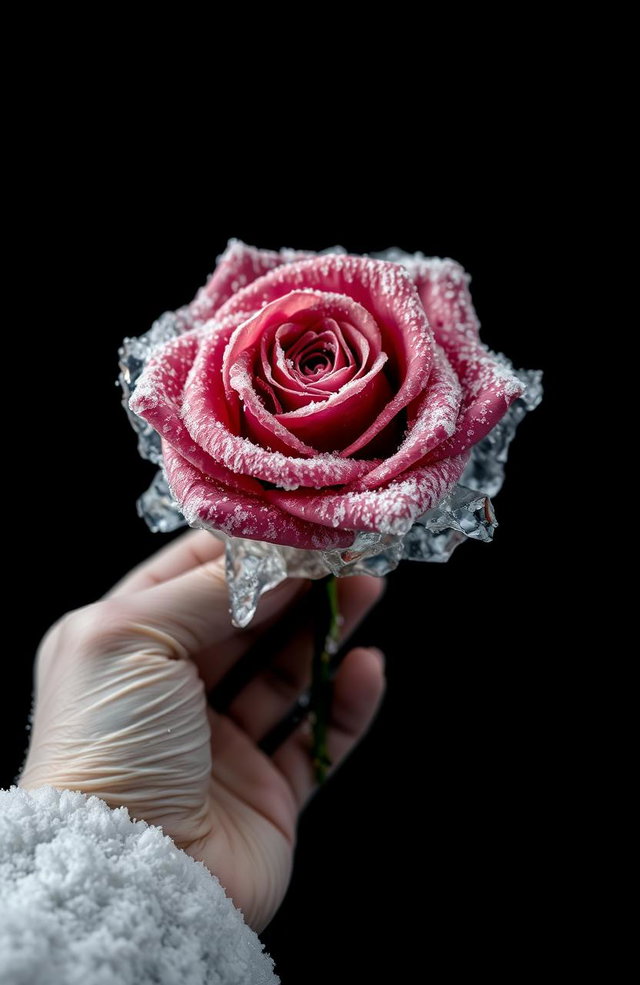 A stunning black wallpaper featuring a large frozen rose in the center, encased in a glistening layer of ice