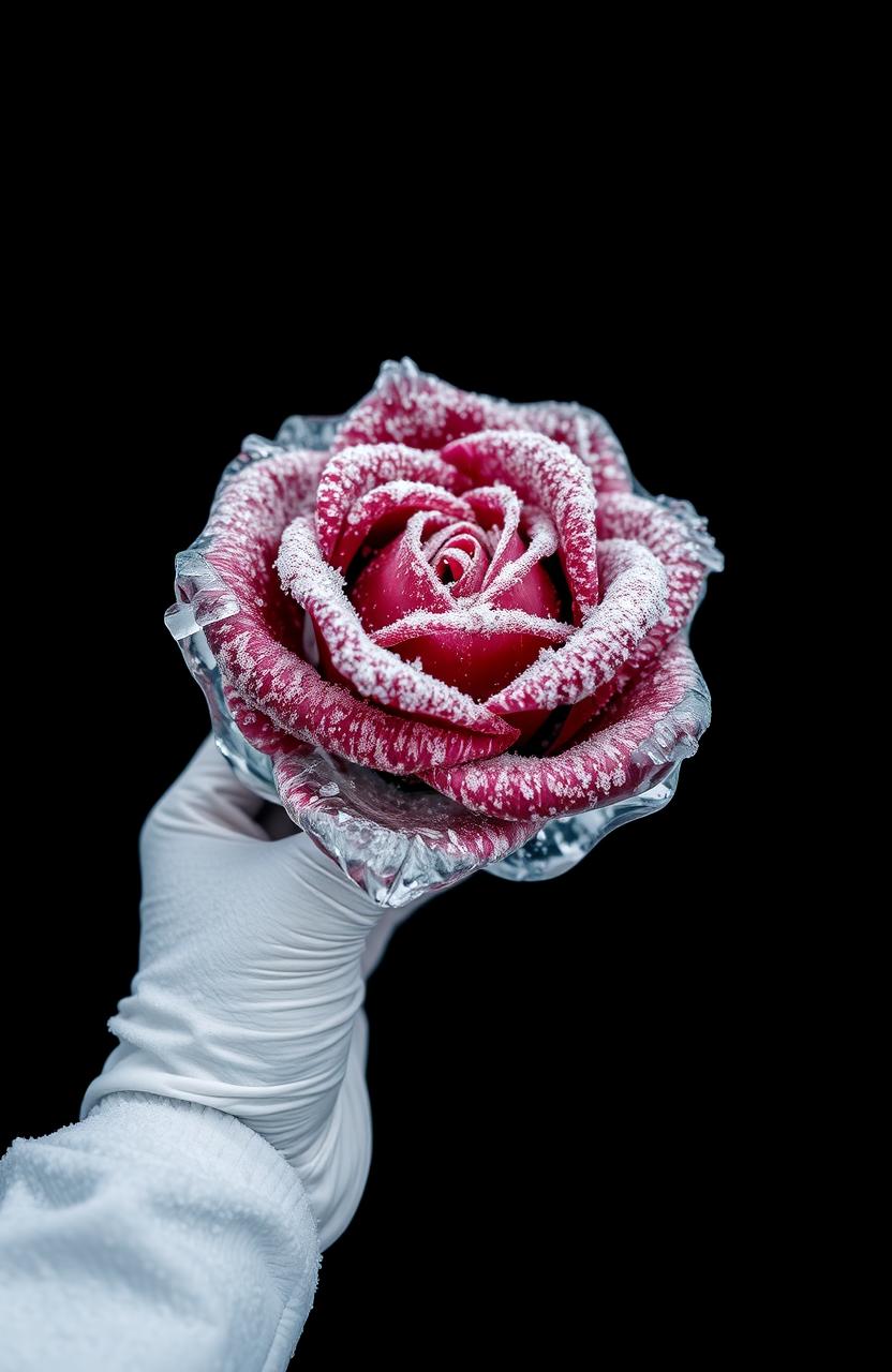 A stunning black wallpaper featuring a large frozen rose in the center, encased in a glistening layer of ice