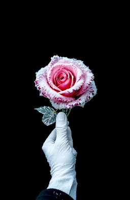 A stunning black wallpaper featuring a large frozen rose in the center, encased in a glistening layer of ice