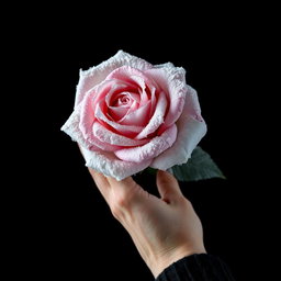 A striking black wallpaper featuring a large frozen rose prominently positioned in the middle