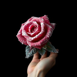 A striking black wallpaper featuring a large frozen rose prominently positioned in the middle