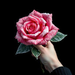 A striking black wallpaper featuring a large frozen rose prominently positioned in the middle