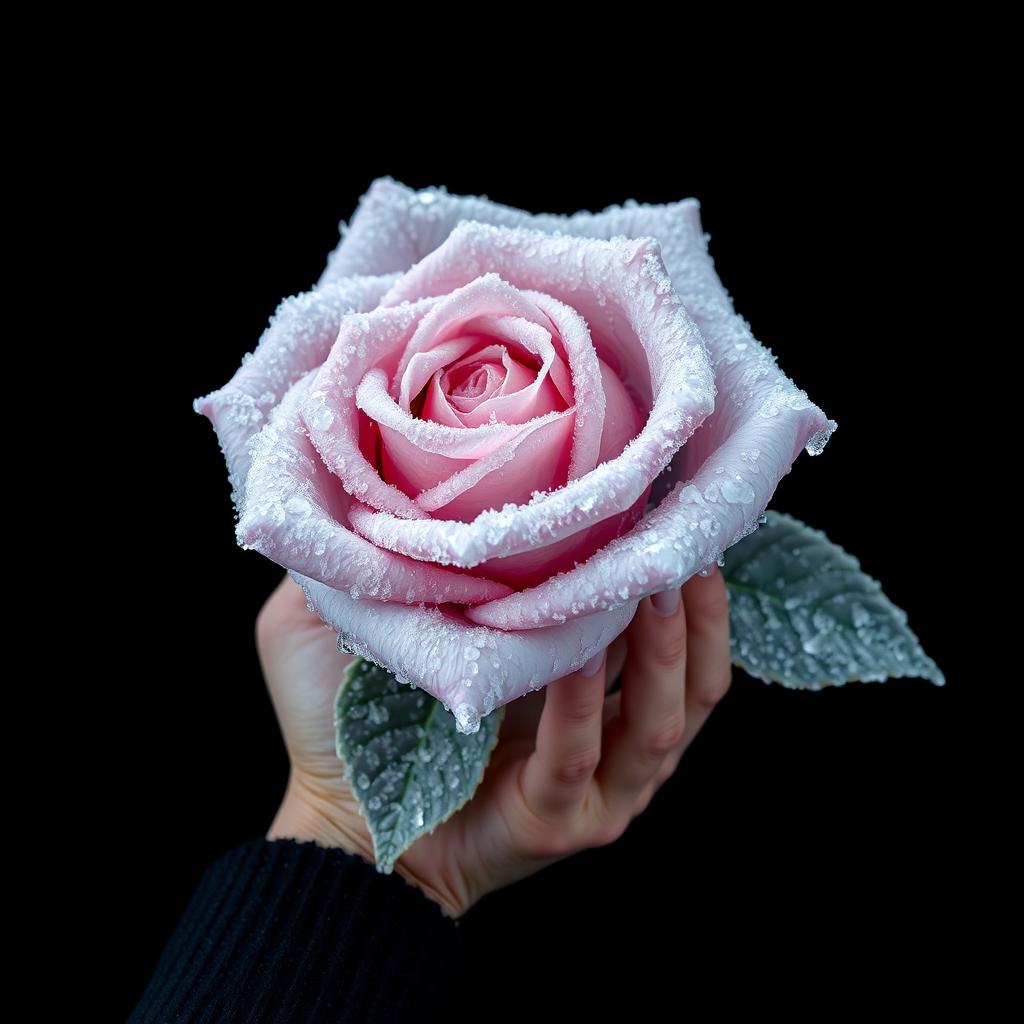 A striking black wallpaper featuring a large frozen rose prominently positioned in the middle
