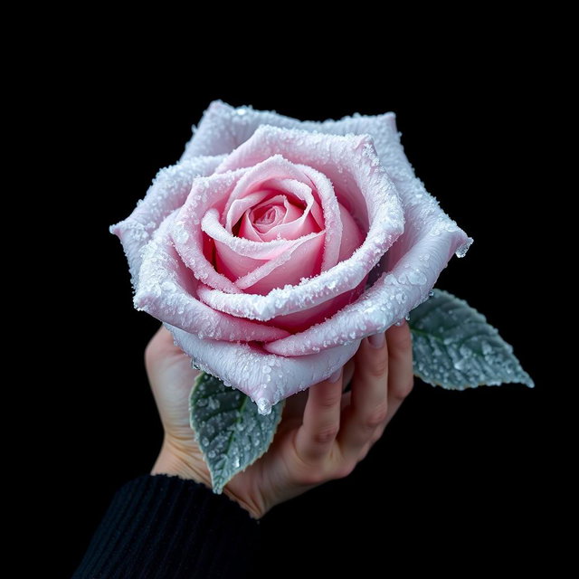 A striking black wallpaper featuring a large frozen rose prominently positioned in the middle