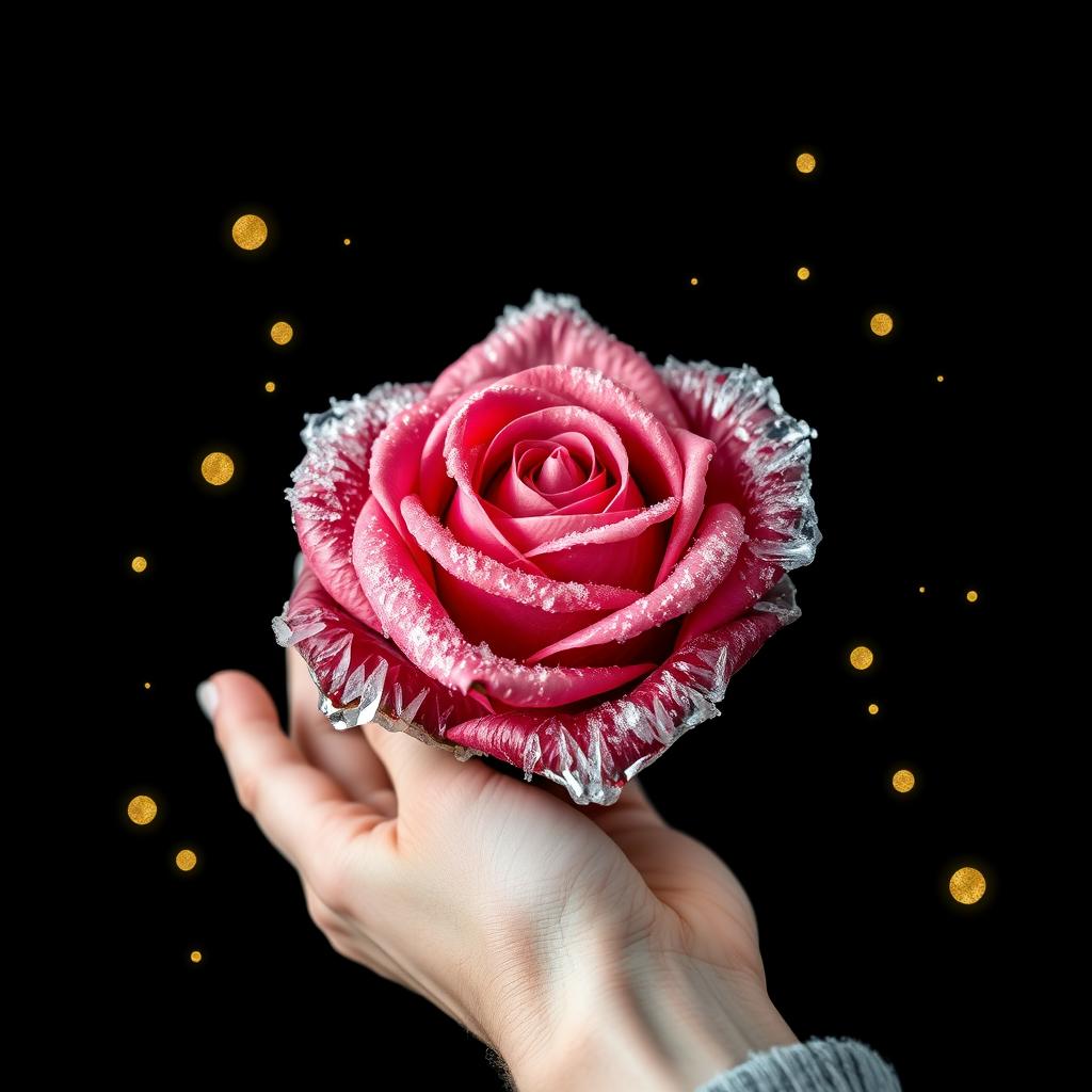 An elegant black wallpaper showcasing a large rose in the center, adorned with a delicate icy layer that captures the essence of winter