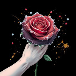 A dramatic black wallpaper featuring a large rose in the center, beautifully frozen with intricate icy layers on its petals