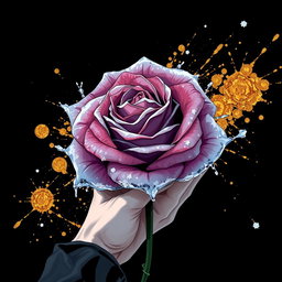 A dramatic black wallpaper featuring a large rose in the center, beautifully frozen with intricate icy layers on its petals