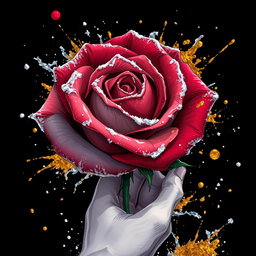 A dramatic black wallpaper featuring a large rose in the center, beautifully frozen with intricate icy layers on its petals