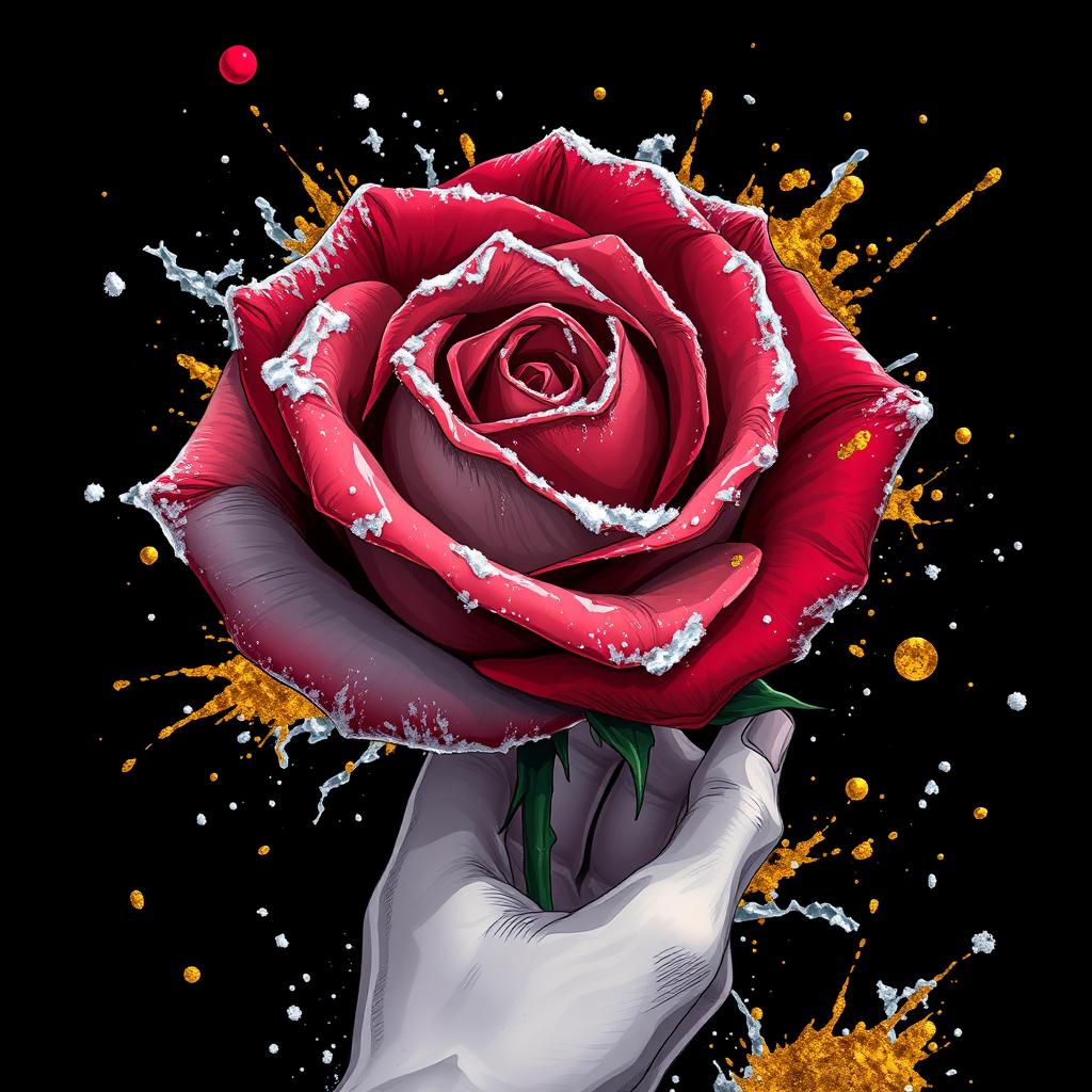 A dramatic black wallpaper featuring a large rose in the center, beautifully frozen with intricate icy layers on its petals