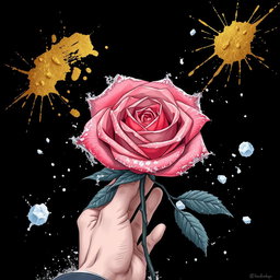 A dramatic black wallpaper featuring a large rose in the center, beautifully frozen with intricate icy layers on its petals