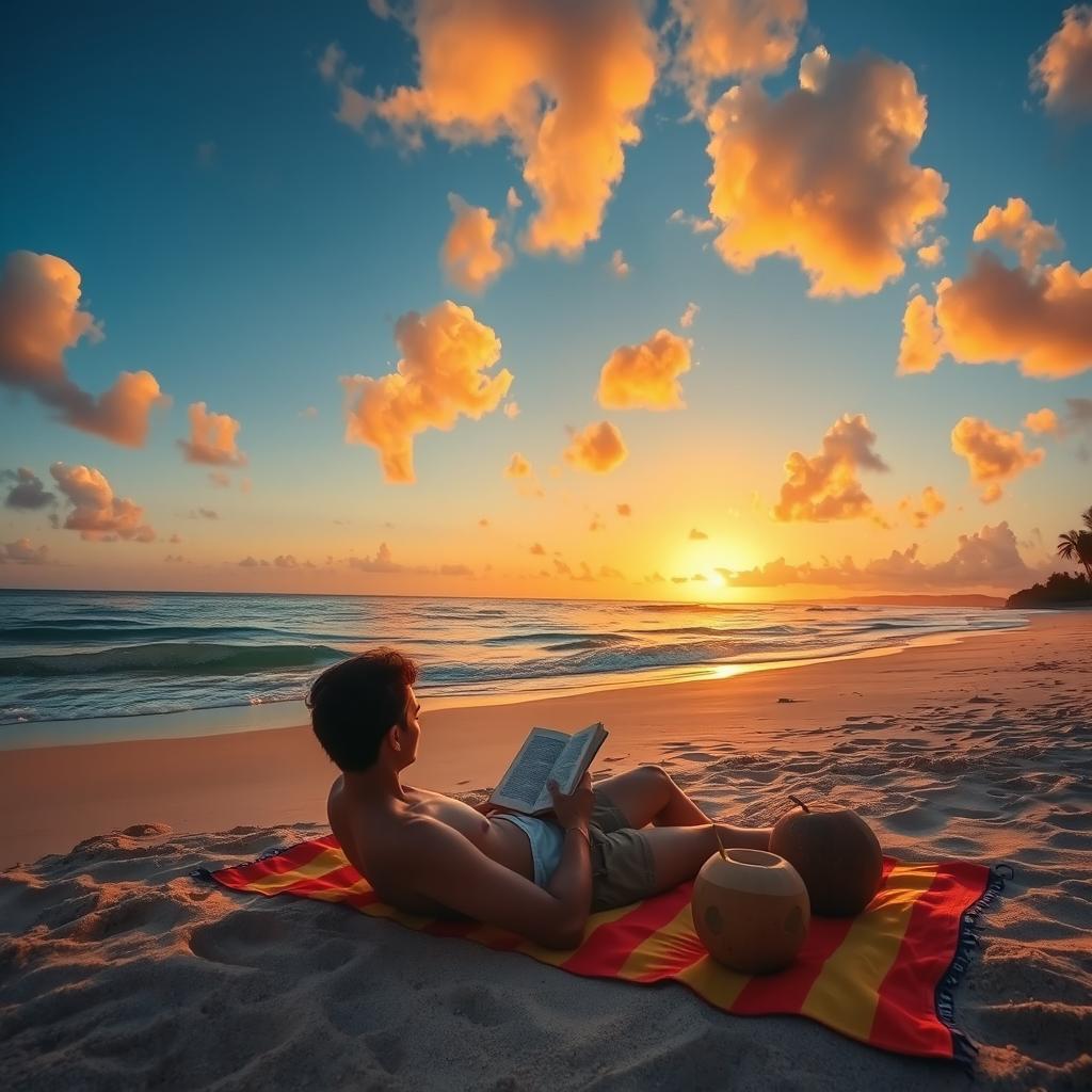 A serene beach at sunset with gentle waves lapping at the shore, warm golden light illuminating the sandy beach, and peaceful, vibrant clouds scattered across the sky