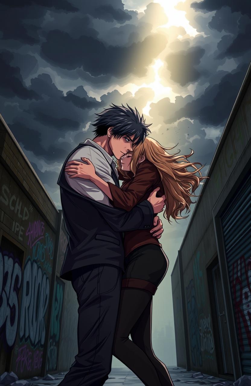 A passionate romantic scene between two characters who were once fierce rivals, now embracing in a dramatic yet tender moment
