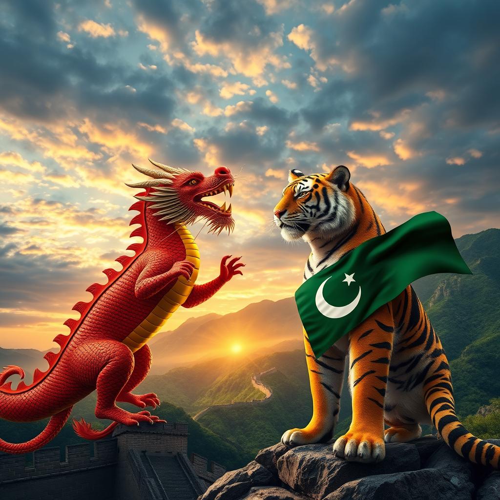 An epic scene showcasing a dramatic confrontation between China and Pakistan, featuring traditional elements from both cultures