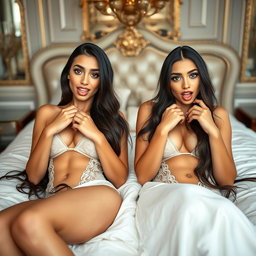 Two gorgeous young Arabic twin sisters with long brunette hair, embodying thin and petite figures, voluptuous busts, and curvy big booties
