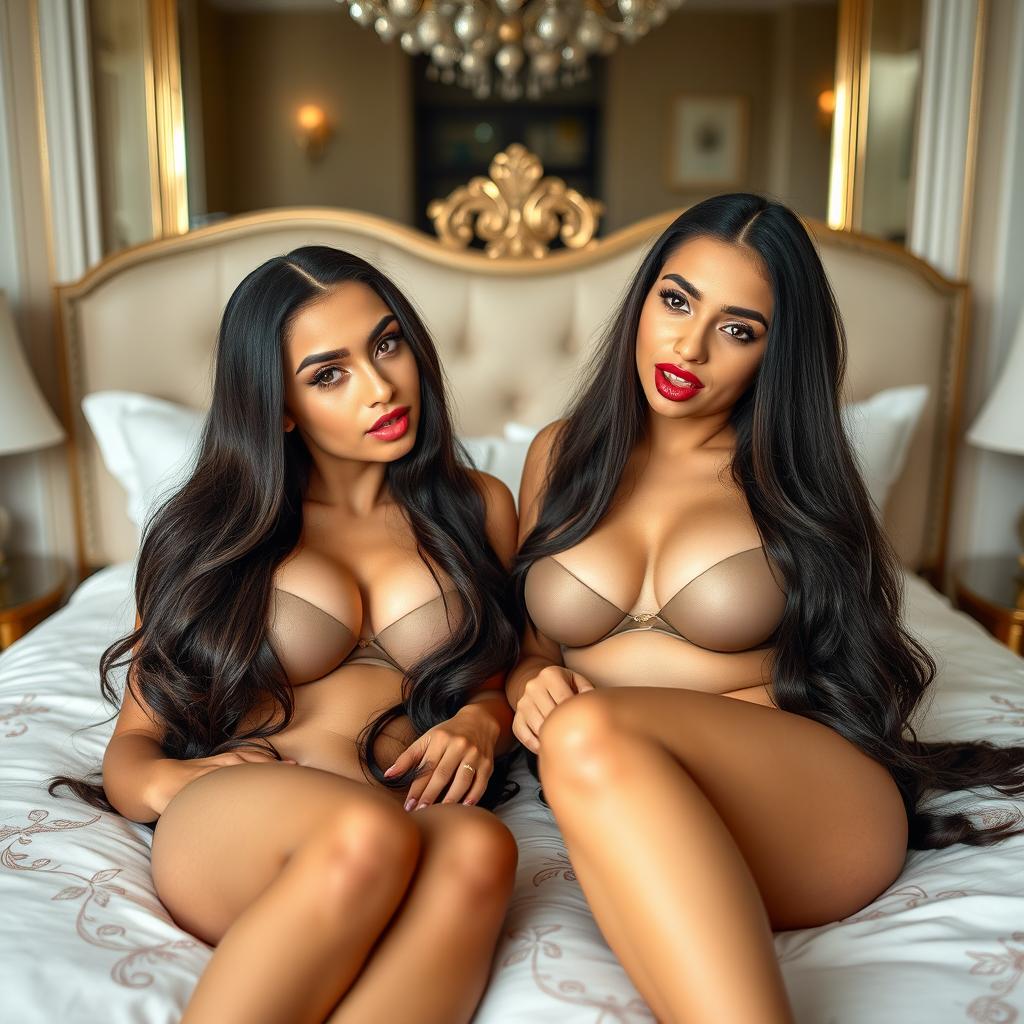 Two gorgeous young Arabic twin sisters with long brunette hair, embodying thin and petite figures, voluptuous busts, and curvy big booties