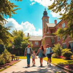 A picturesque romantic school setting with a charming old building surrounded by lush green trees