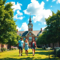 A picturesque romantic school setting with a charming old building surrounded by lush green trees