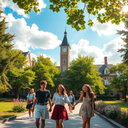A picturesque romantic school setting with a charming old building surrounded by lush green trees