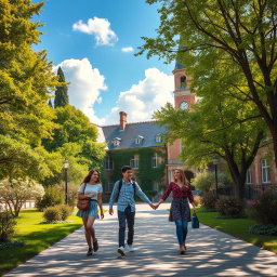 A picturesque romantic school setting with a charming old building surrounded by lush green trees
