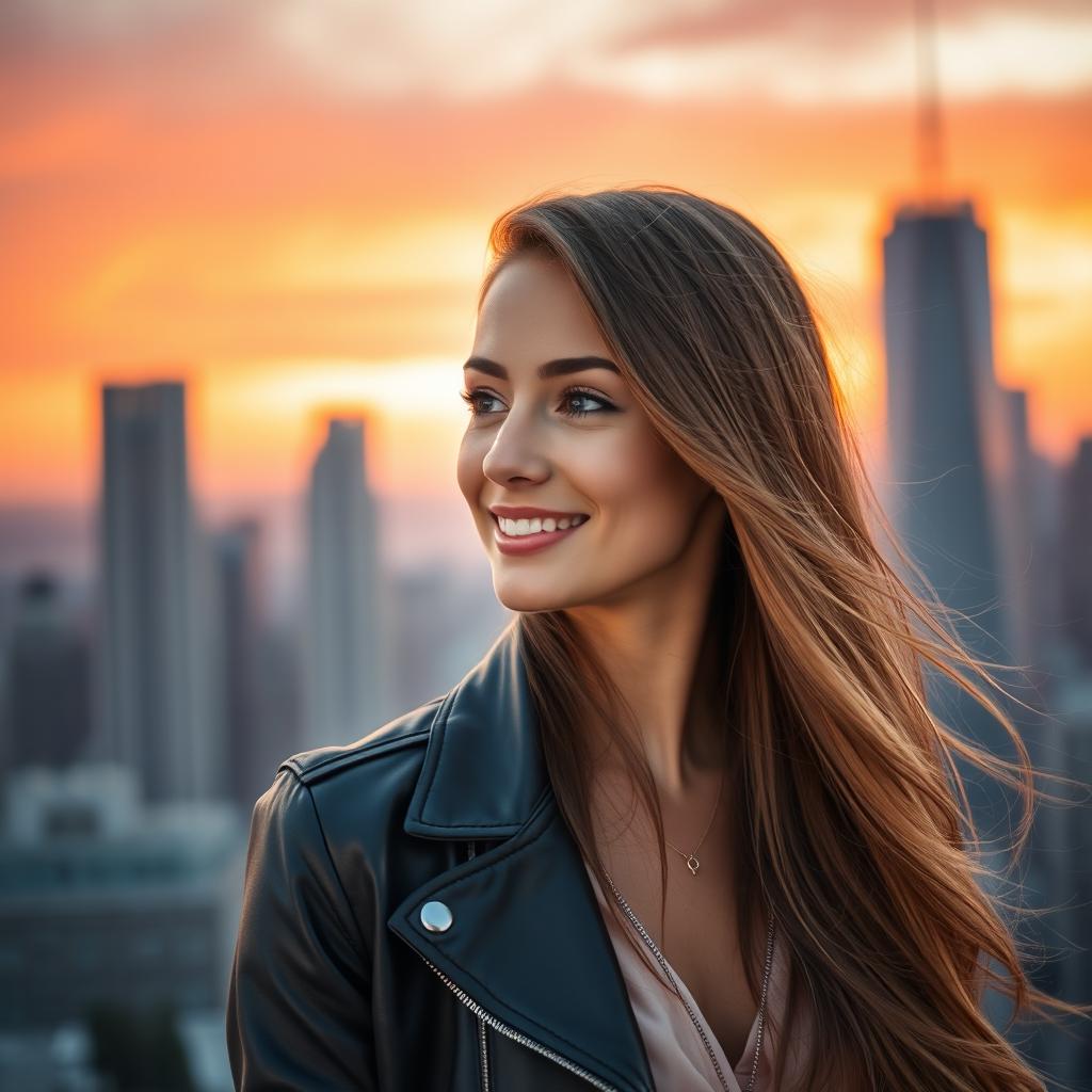 A stunning, high-quality portrait of a confident young woman with long, flowing brunette hair, bright blue eyes, and a radiant smile
