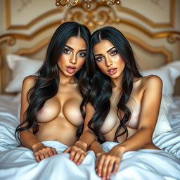 Two gorgeous young Arabic twin sisters with long brunette hair, displaying thin and petite figures, with small breasts and small booties