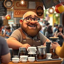 A 3D illustration of a chubby bald man with a beard, wearing glasses, selling coffee at a street vendor stall