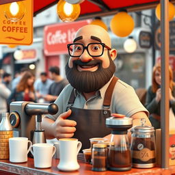 A 3D illustration of a chubby bald man with a beard, wearing glasses, selling coffee at a street vendor stall