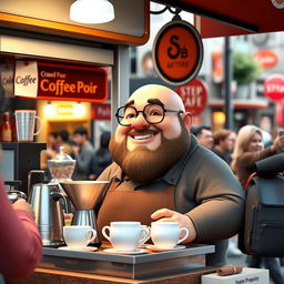 A 3D illustration of a chubby bald man with a beard, wearing glasses, selling coffee at a street vendor stall