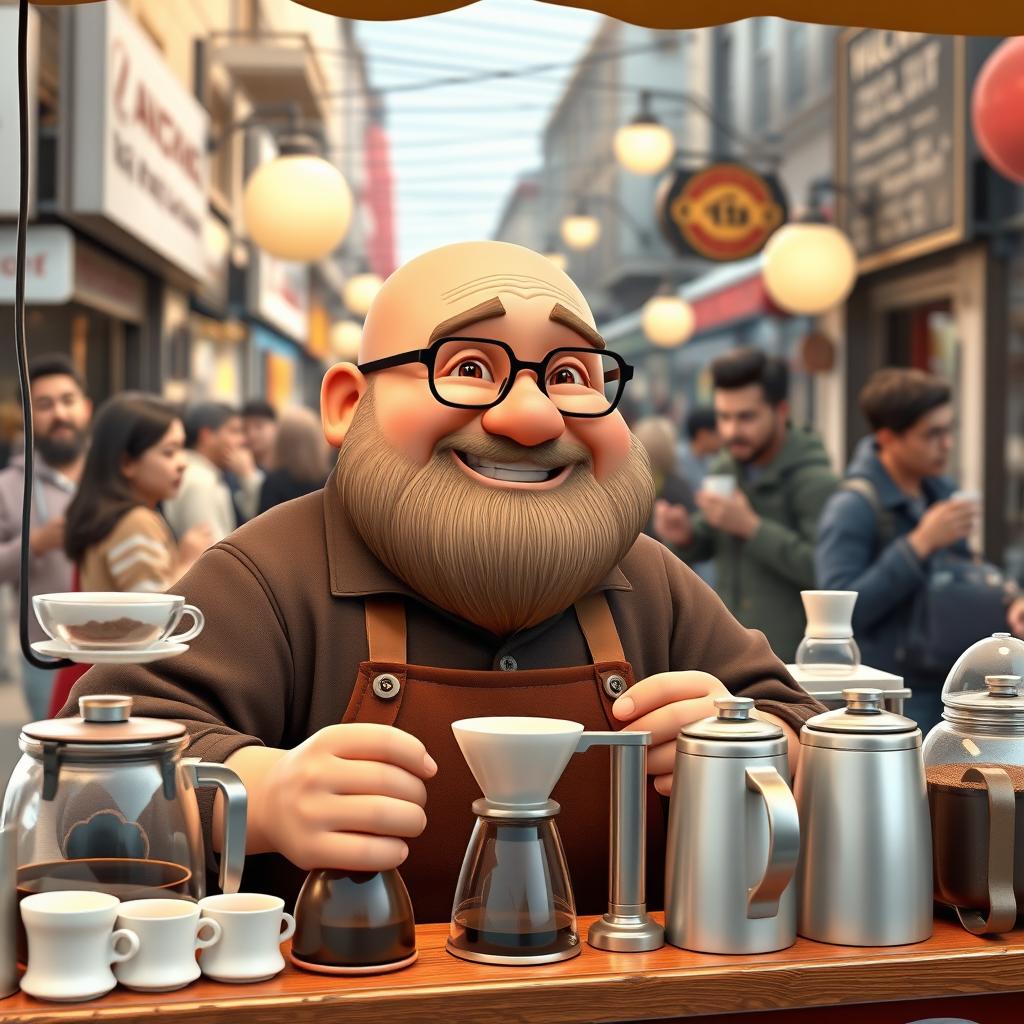 A 3D illustration of a chubby bald man with a beard, wearing glasses, selling coffee at a street vendor stall