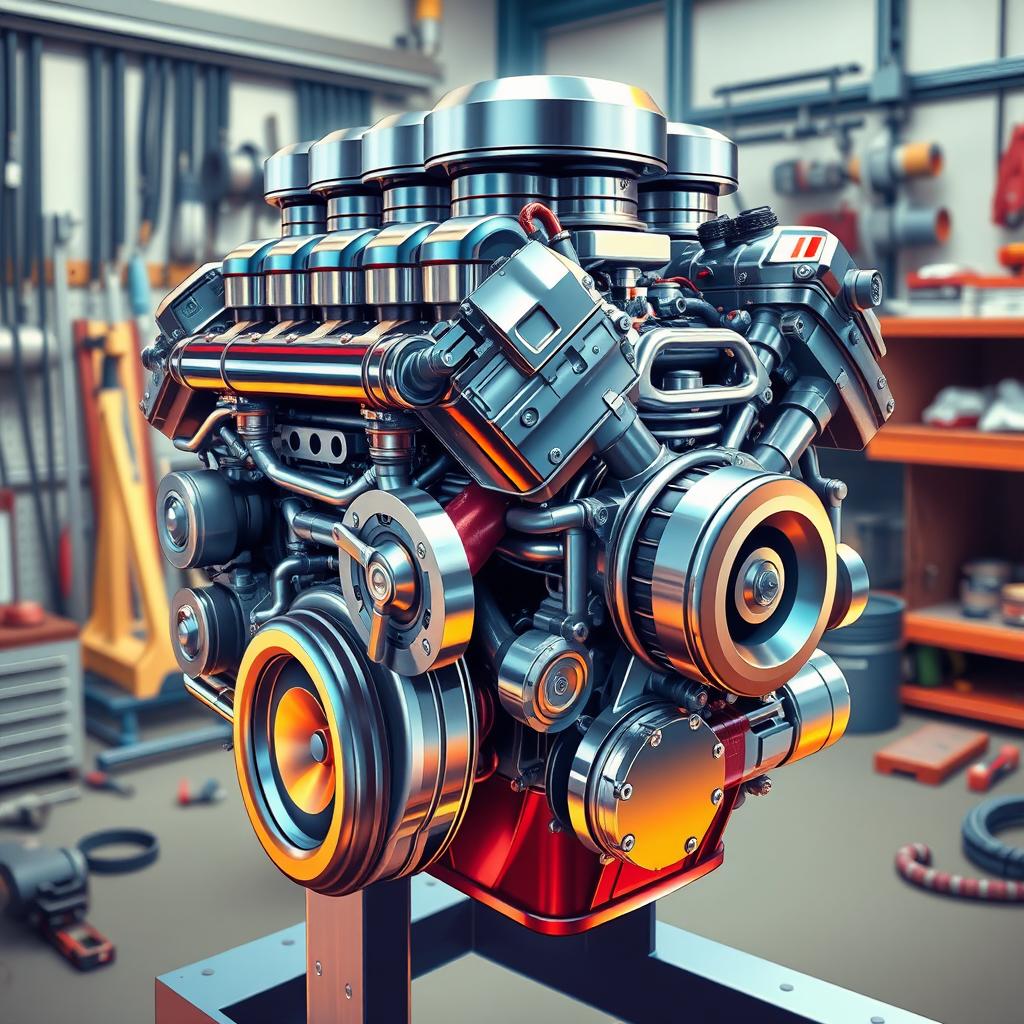 A highly detailed illustration of a high-spec engine, showcasing its intricate mechanical components such as pistons, valves, and turbochargers