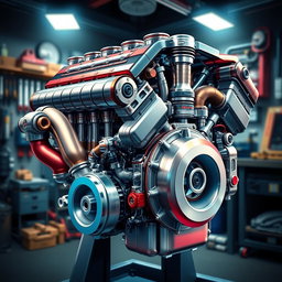 A highly detailed illustration of a high-spec engine, showcasing its intricate mechanical components such as pistons, valves, and turbochargers